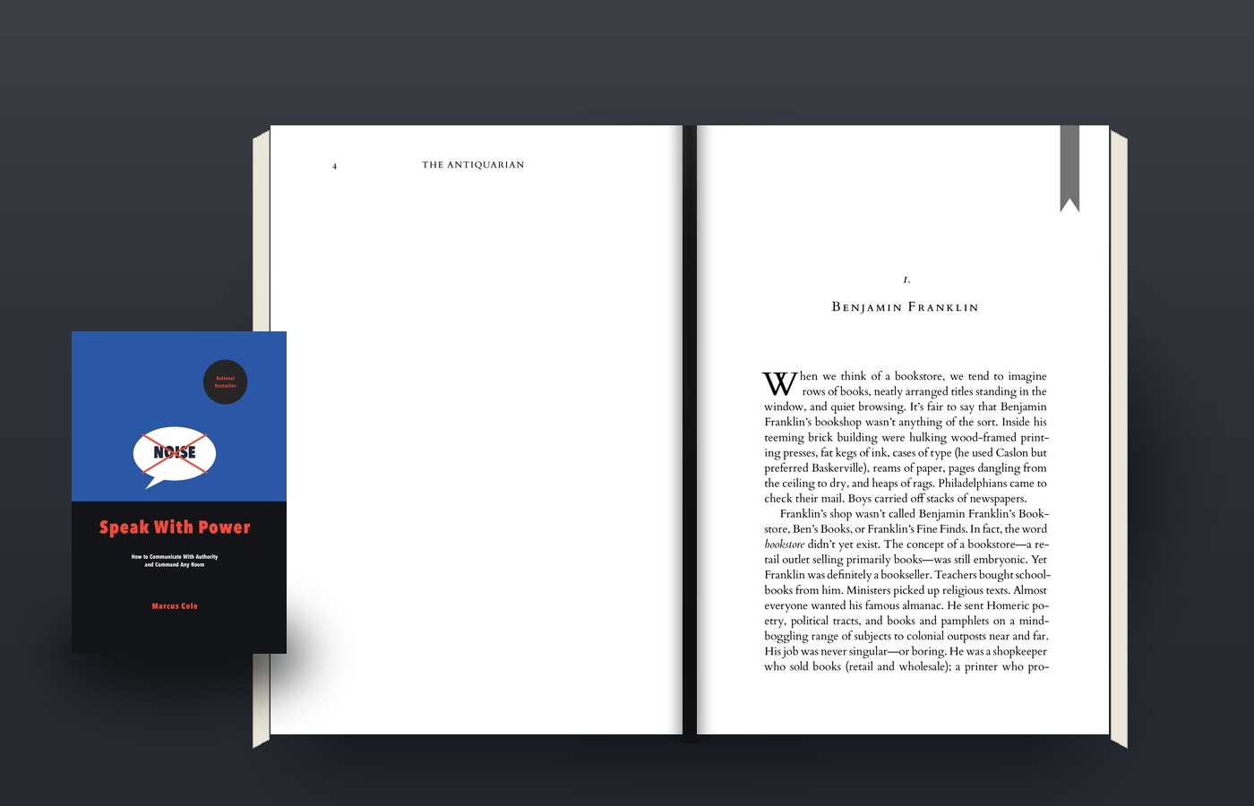 Physical book layout mockup on wood study desk with ribbon bookmark